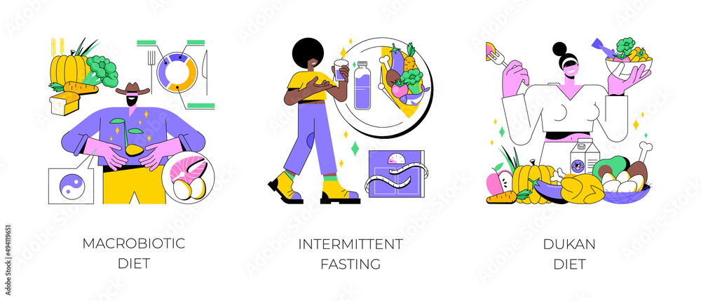 Burn fat abstract concept vector illustration set. Macrobiotic diet, intermittent fasting, Dukan weight-loss meal plan, organic nutrition, low carb food, metabolic health, digestion abstract metaphor. Burn fat abstract concept vector illustration set. Macrobiotic diet, intermittent fasting, Dukan weight-loss meal plan, organic nutrition, low carb food, metabolic health, digestion abstract metaphor.