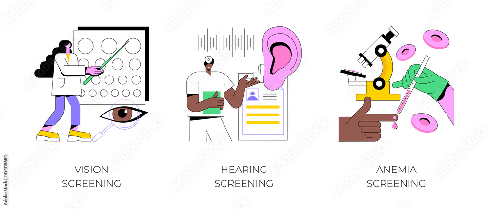 Newborn healthcare abstract concept vector illustration set. Vision and hearing screening, anemia diagnosis, primary care, pediatric exam, genetic disorder test, iron deficiency abstract metaphor. Newborn healthcare abstract concept vector illustration set. Vision and hearing screening, anemia diagnosis, primary care, pediatric exam, genetic disorder test, iron deficiency abstract metaphor.