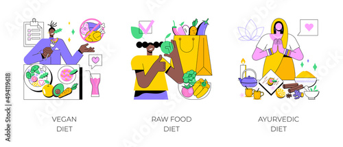 Nutrition plan abstract concept vector illustration set. Vegan diet, raw food organic meal, ayurvedic diet, healthy lifestyle, lose weight and feel better, vegetarian eating, greens abstract metaphor.