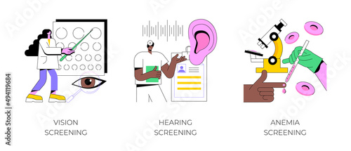 Newborn healthcare abstract concept vector illustration set. Vision and hearing screening  anemia diagnosis  primary care  pediatric exam  genetic disorder test  iron deficiency abstract metaphor.