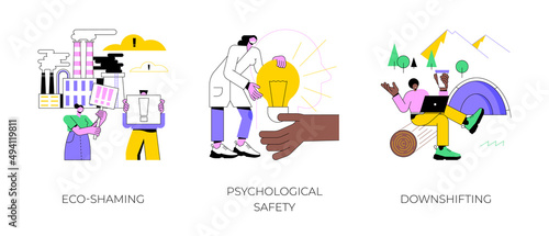 Social anxiety abstract concept vector illustration set. Eco-shaming, psychological safety, downshifting, simple living, minimal lifestyle, escape, internet shaming, propaganda abstract metaphor.