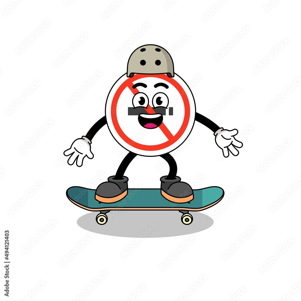 no smoking sign mascot playing a skateboard