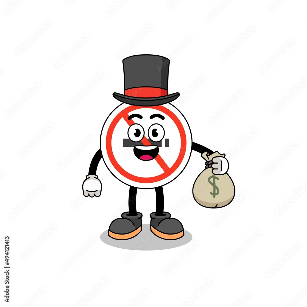 no smoking sign mascot illustration rich man holding a money sack