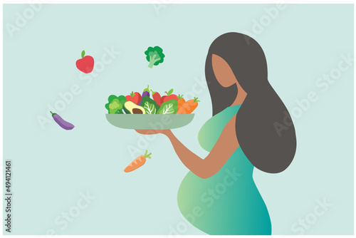 Pregnant woman eating healthy food vector illustration. Mother care concept
