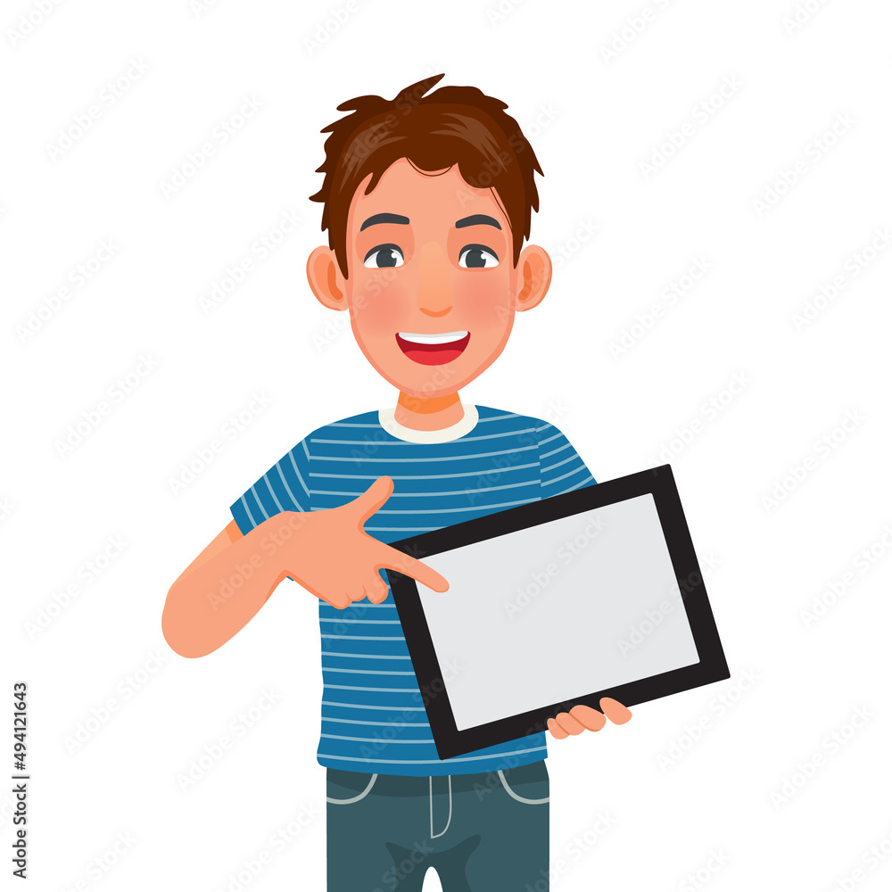 handsome young man holding and pointing finger to a digital smart tablet device with empty screen for copy space, texts, announcement messages and advertising content