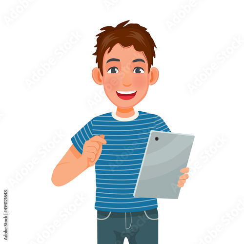 handsome young man holding and using a digital smart tablet device by touching the screen for reading news, browsing Internet, watching videos and checking social networks
