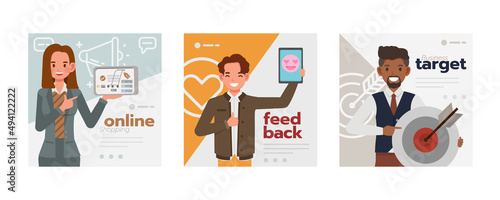 Business social media templates, online shopping, feedback and target concept. People character vector design presentation in various action.