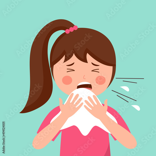 A girl children suffering from influenza. Sad kids sneezing in handkerchief or tissue paper. Flu or cold allergy symptom cartoon. 