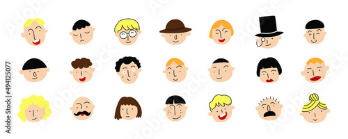 set of various head for profil picture or avatar. cute human character for emoticon. hand drawn vector illustration design