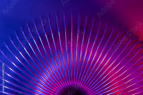 Tableau sur toile Closeup of coiled metal spring with sufficiently high strength and elastic properties in neon blue and red light