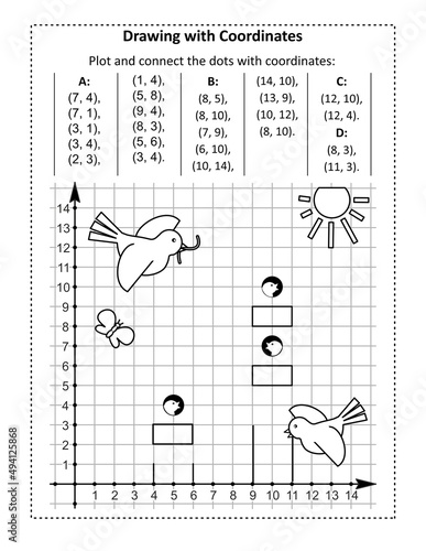 Coordinate graphing, or drawing by coordinates, math worksheet with birds, nestlings, birdhouses: Reveal the mystery picture by plotting and connecting the dots with given coordinates.
