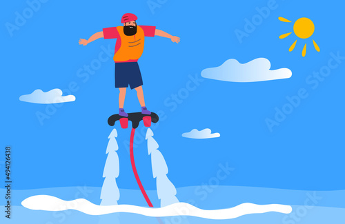 man riding fly board at the sea extreme activity vector illustration