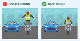 Do's and dont's. Safe and unsafe motorcycle riding on road. Safety driving rules and tips. Man in a red helmet standing on a motorcycle while riding. Flat vector illustration template. 
