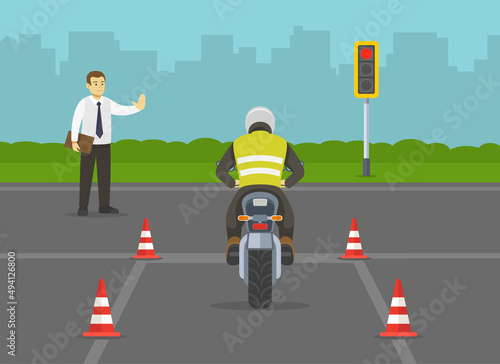 Motorcycle driving practice test with red cones. Llearner motorcyclist practising to ride a bike. Instructor makes a stop gesture with his hand. Flat vector illustration template.