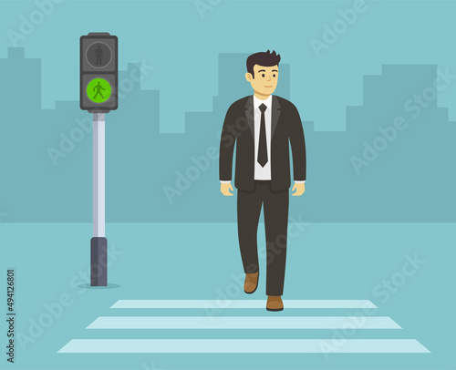 Pedestrian safety. Isolated businessman or manager crossing the street on green light. Flat vector illustration template.
