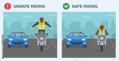 Do's and dont's. Safe and unsafe motorcycle riding on road. Safety driving rules and tips. Man in a red helmet standing on a motorcycle while riding. Flat vector illustration template. 