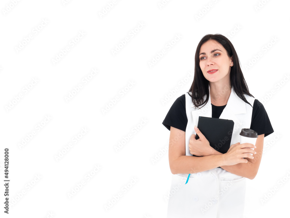 Caucasian secretary woman take a break from meeting with CEO while holding takeaway coffee cup and notebook Caucasian secretary woman take a break from meeting with CEO while holding takeaway coffee cup and notebook