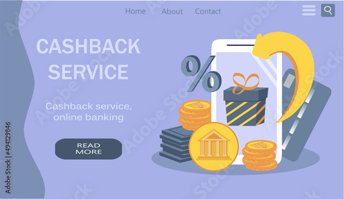 vector flat style illustration on the theme of cashback. a smartphone, on the screen of which money is returned to the card, lot of purchases and happy woman .