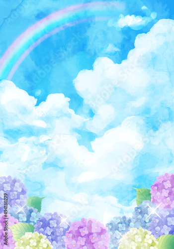 青空と虹とアジサイの梅雨のベクターイラスト背景(水彩,art,holiday,background,vector,sky,summer,watercolor,Hydrangea,Rainbow,rain,rainy season)