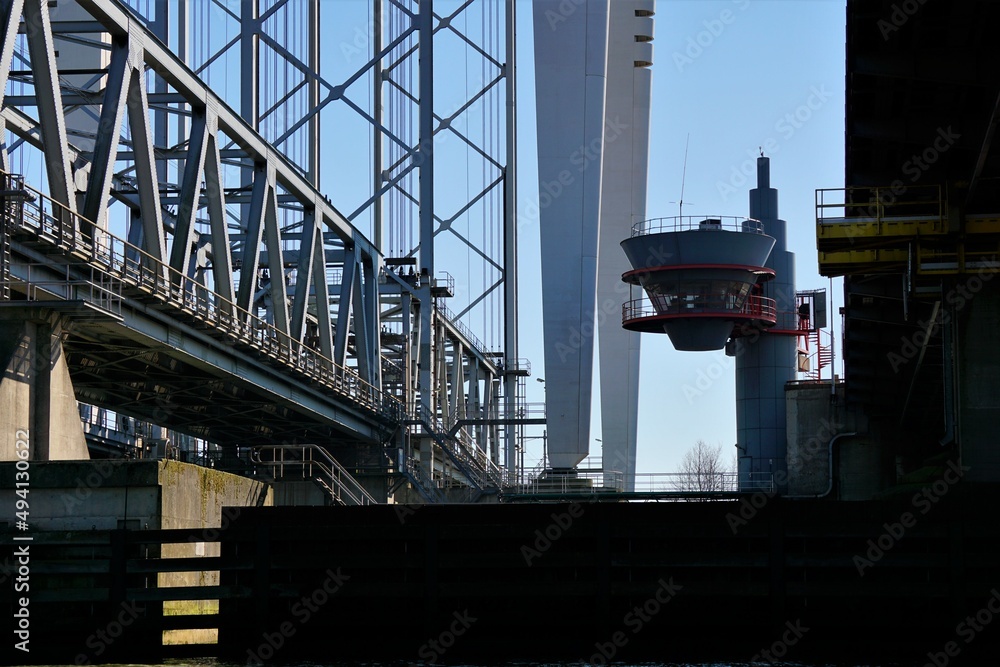 Obraz premium Bridge construction, steel design and architecture for a bridge system of modern road construction. In the Netherlands over the river to connect land.