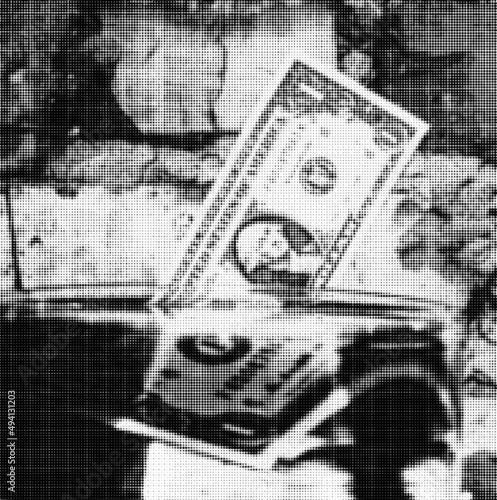 A dollar bill  half-submerged in water in a transparent vessel  against a background of brickwork. Halftone dots effect style. Vector.