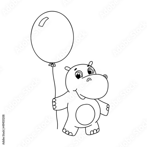 Hand drawn line cute hippo with balloon vector illustration. Outline hippopotamus isolated on white background. Cute baby character for coloring book, postcards and invitations