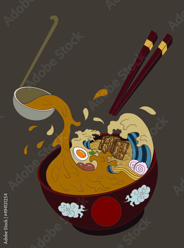 Traditional Japanese ramen and wave for restaurant printing on wallpaper.Ramen vector illustration for doodle art.Asian food.