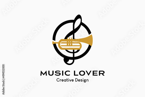 Trumpet logo design with silhouette combined with tone icon in circle. Vector premium