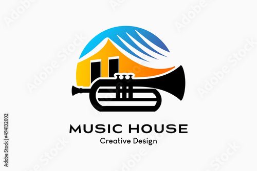 Trumpet house logo design with a creative concept, trumpet silhouette combined with colorful house icons. Vector premium