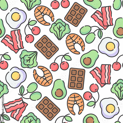 Ketogenic food vector seamless pattern, sketch. Healthy keto food - fats, proteins and carbs on endless pattern. Seamless Background with Low carbs keto diet food objects. Keto seamless pattern.