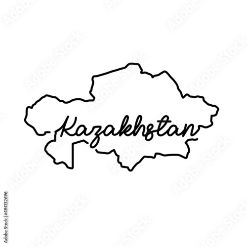 Kazakhstan outline map with the handwritten country name. Continuous line drawing of patriotic home sign. A love for a small homeland. T-shirt print idea. Vector illustration.