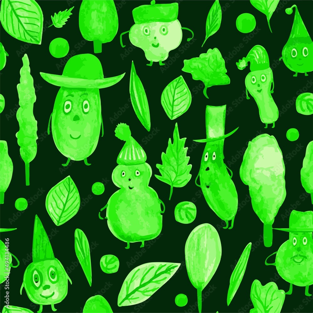 pattern green funny doodle in hat and smiles, design for children's book