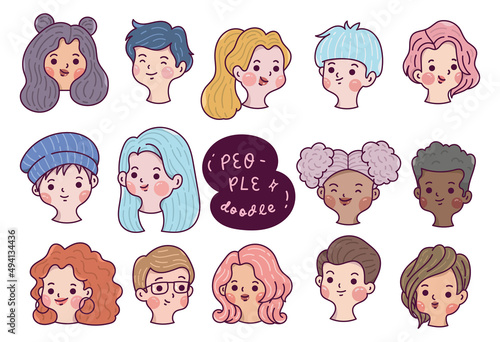 Set of people avatars, hand drawn diverse faces in cartoon doodle style, Vector Illustration