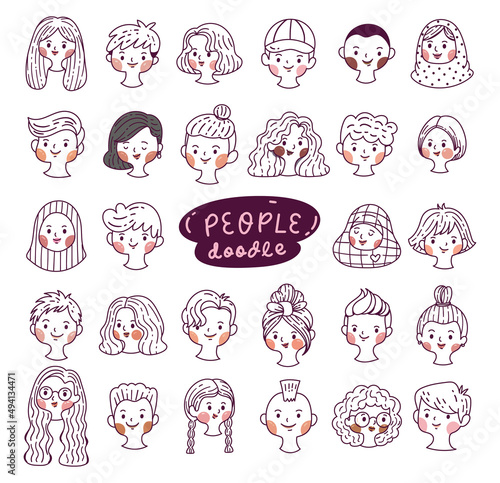 Set of people avatars, hand drawn diverse faces in cartoon doodle style, Vector Illustration