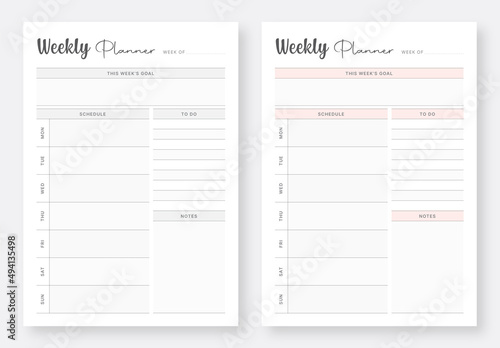 Minimalist planner pages templates. Weekly planner and to do list. Set of weekly planner template. Printable weekly planner design layout. photo