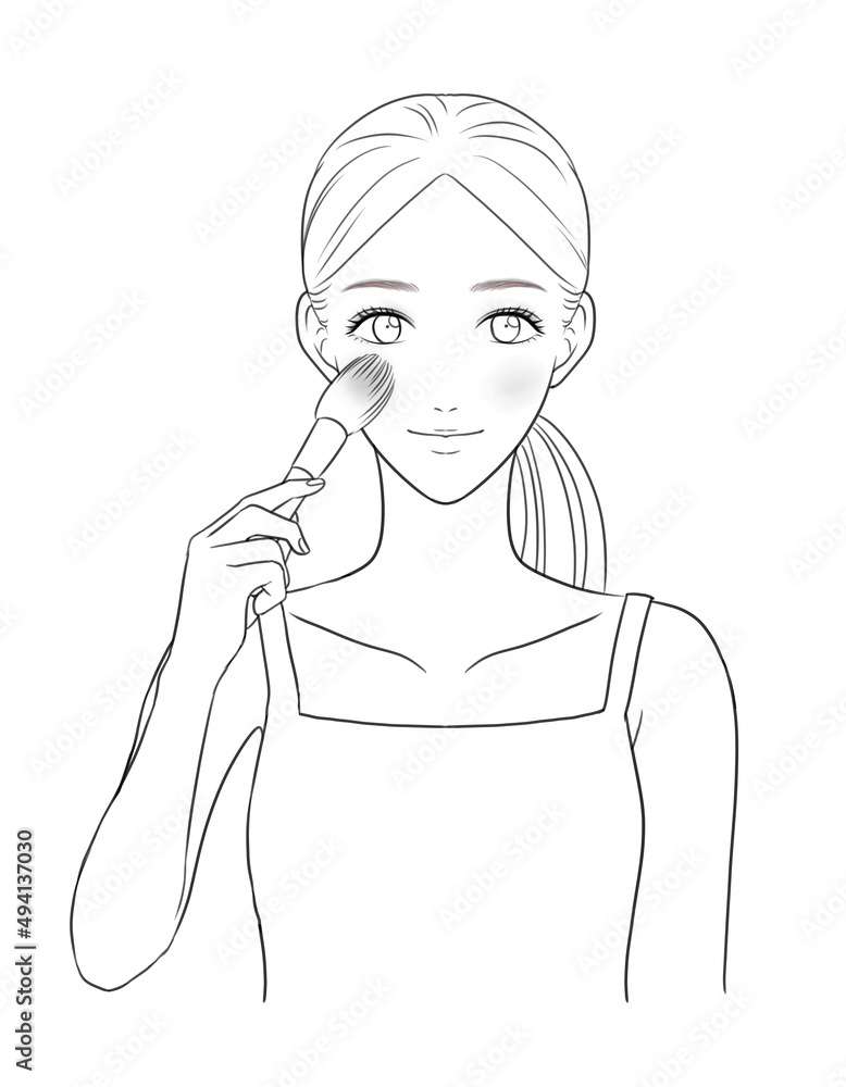 Woman applying blush (grayscale)