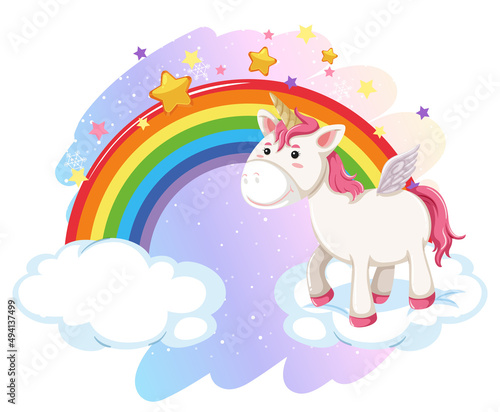 Pink pegasus standing on a cloud with rainbow