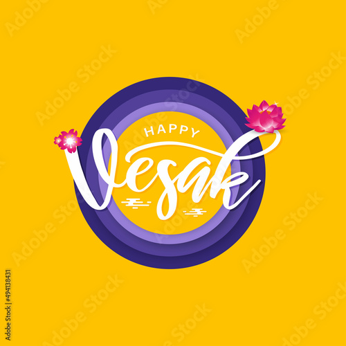 Happy Vesak Day lettering for greeting card with origami paper art style vector illustration.