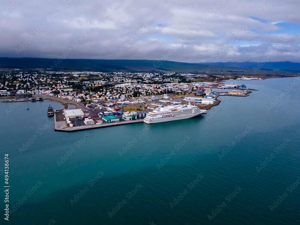 Beautiful aerial view of Akureyri, a city at the base of Eyjafjörður Fjord in northern Iceland