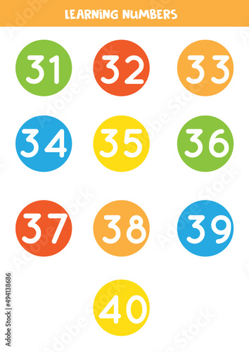 Learning numbers cards from 31 to 40. Colorful flashcards.