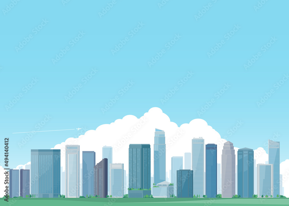 Urban panorama cityscape with summer sky background. Vector illustration of green city landscape such as buildings, modern downtown skyscrapers, park and trees. Urban panorama cityscape with summer sky background. Vector illustration of green city landscape such as buildings, modern downtown skyscrapers, park and trees.