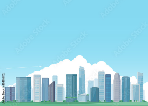 Urban panorama cityscape with summer sky background. Vector illustration of green city landscape such as buildings, modern downtown skyscrapers, park and trees. © nekonome