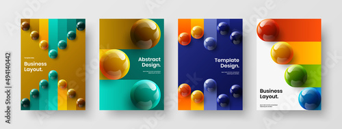 Bright pamphlet A4 vector design illustration set. Modern 3D spheres front page template collection.