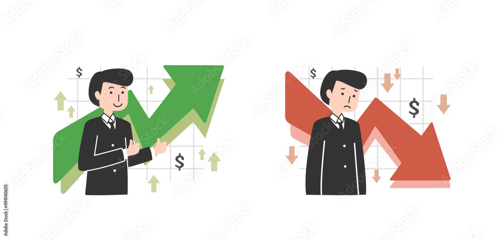 Gain and loss profit concept with a trader, up and down arrows, trading graph and money sign flat vector illustration isolated on white background. Cryptocurrency finance.