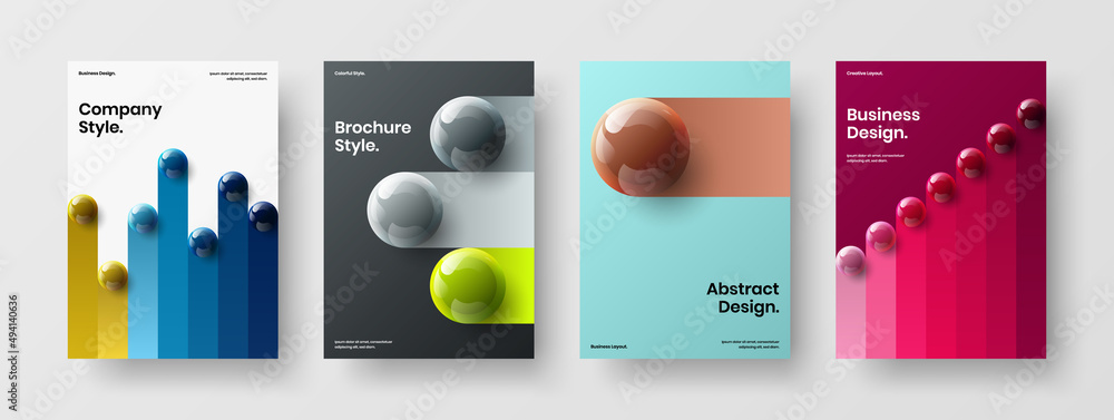 Isolated flyer A4 design vector layout collection. Abstract 3D balls cover illustration set.