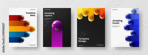 Fresh pamphlet vector design layout set. Isolated realistic spheres front page illustration collection.