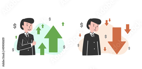 Gain and loss profit concept with a trader, up and down arrows, and money sign flat vector illustration isolated on white background. Cryptocurrency finance.