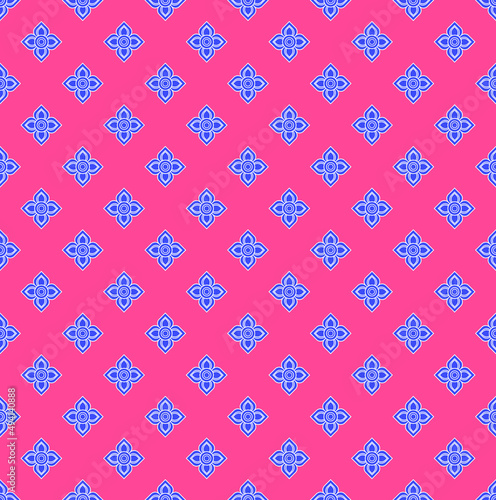 Thai art in blue color pattern on pink background. Blue square shape on pink. Original Thai style backdrop.