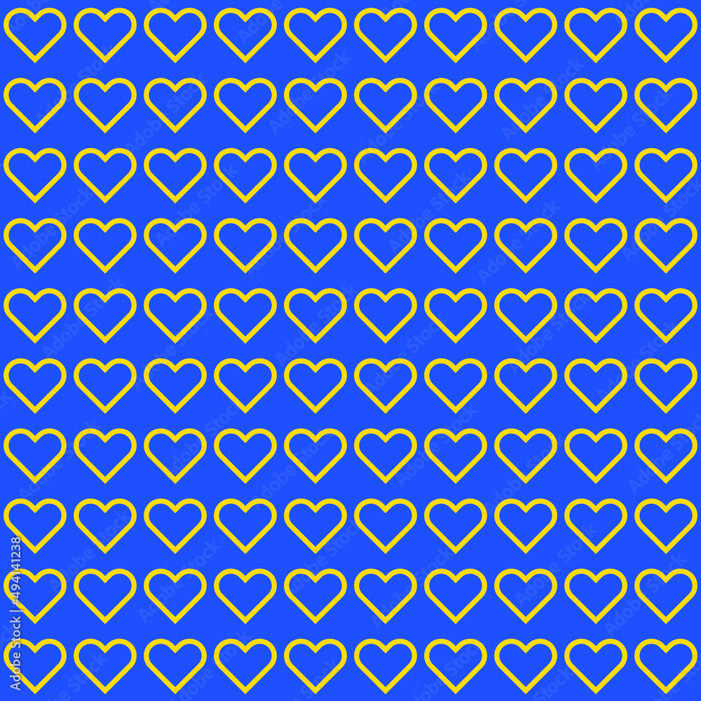 Yellow stroke heart shape on blue background. Happy Valentine's day. Heart pattern on blue backdrop. Love hearts. Love for Ukraine.
