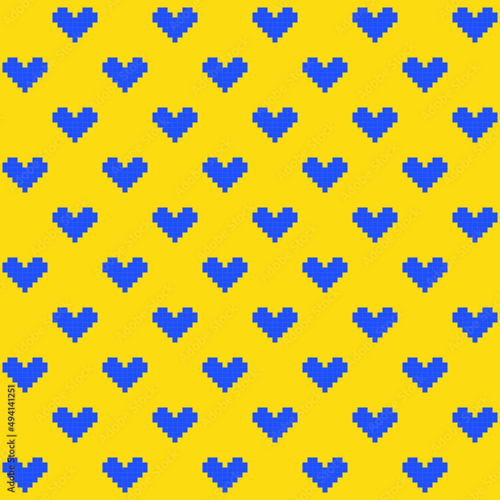 8 bit blue hearts pattern on yellow background. Graphic blue hearts on yellow backdrop. Love symbols on Valentine's day. Love for Ukraine. 8 bit blue hearts pattern on yellow background. Graphic blue hearts on yellow backdrop. Love symbols on Valentine's day. Love for Ukraine.